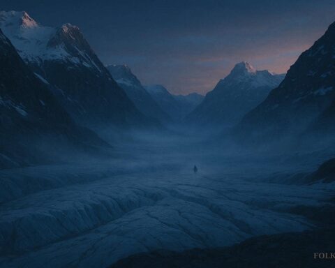Shadowy creature on a glacier in Montana at dusk with mist rising from icy terrain