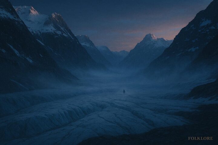 Shadowy creature on a glacier in Montana at dusk with mist rising from icy terrain