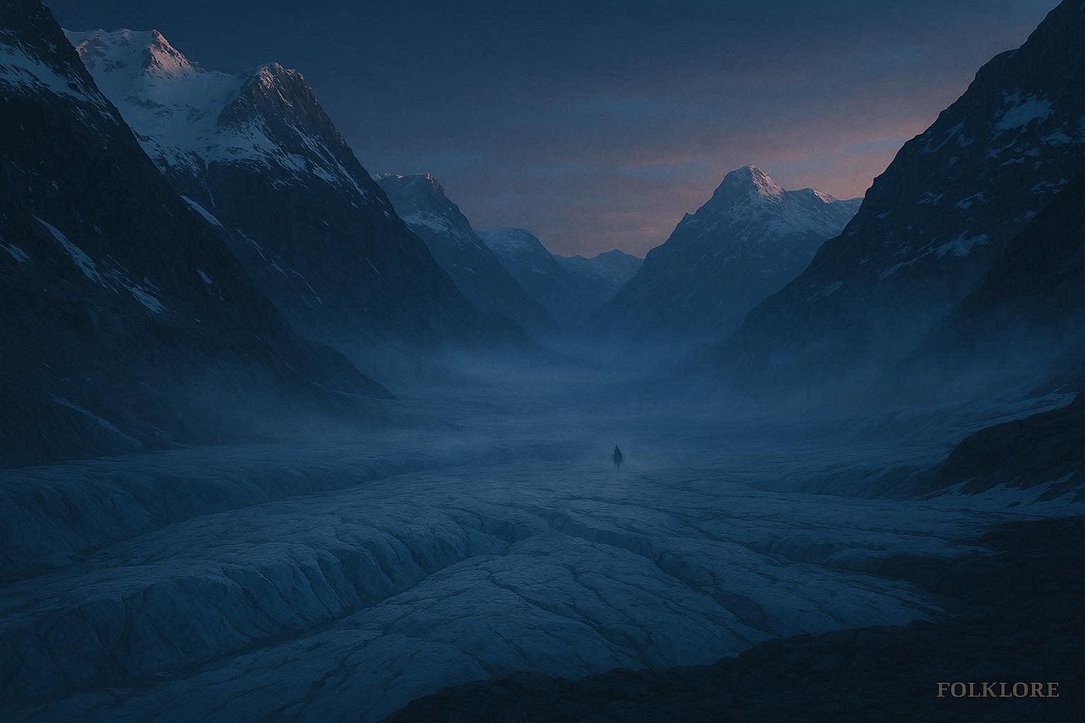 Shadowy creature on a glacier in Montana at dusk with mist rising from icy terrain