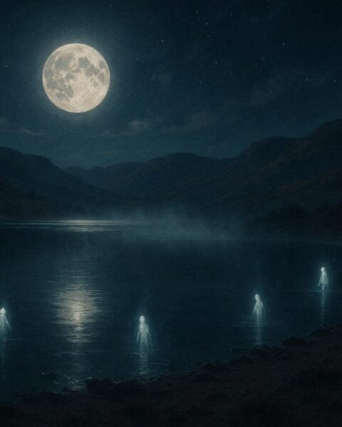 Glowing ethereal figures near a Nevada desert lake at night representing Northern Paiute Water Babies legend.