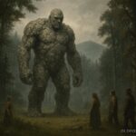 Stone covered giant sorcerer standing in a forest clearing