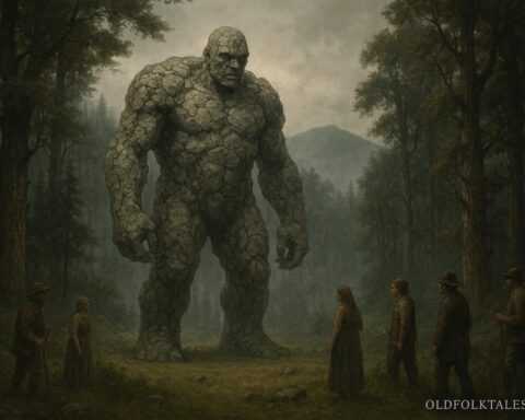 Stone covered giant sorcerer standing in a forest clearing