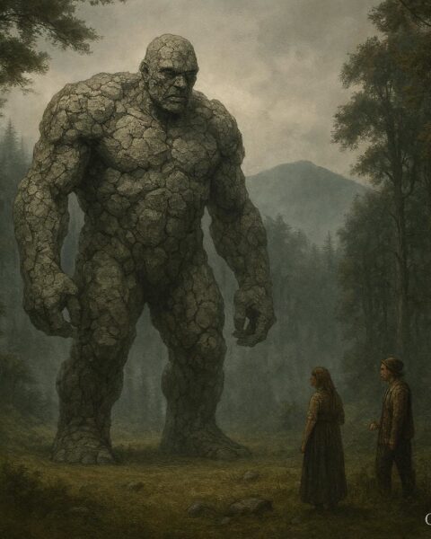 Stone covered giant sorcerer standing in a forest clearing