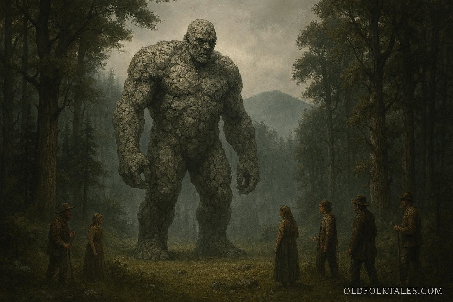 Stone covered giant sorcerer standing in a forest clearing