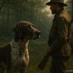 A hunting dog standing attentively beside a hunter in a forest