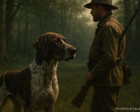 A hunting dog standing attentively beside a hunter in a forest