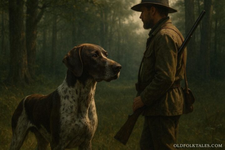 A hunting dog standing attentively beside a hunter in a forest