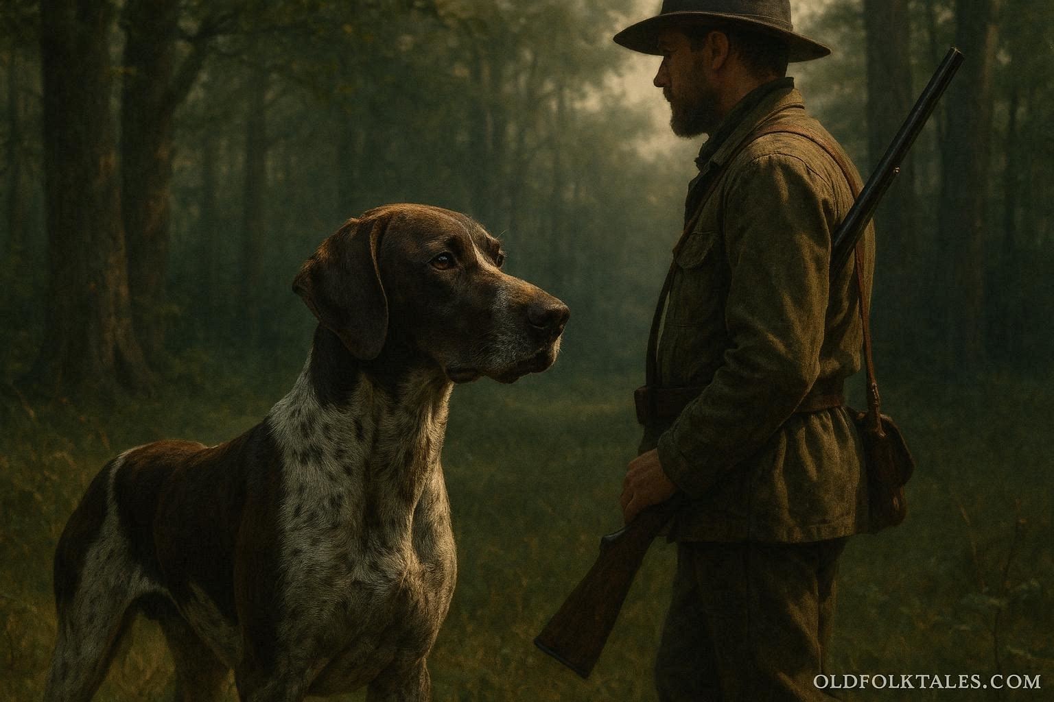 A hunting dog standing attentively beside a hunter in a forest
