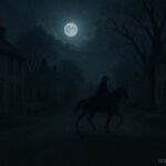 A faint rider on horseback moving along a dark colonial road