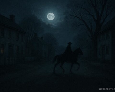 A faint rider on horseback moving along a dark colonial road