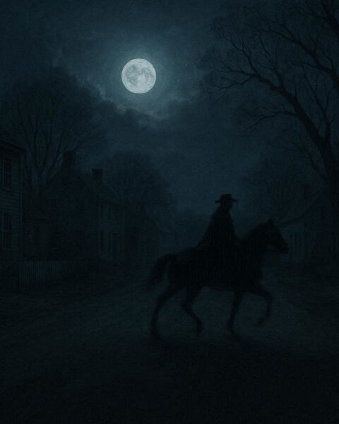 A faint rider on horseback moving along a dark colonial road