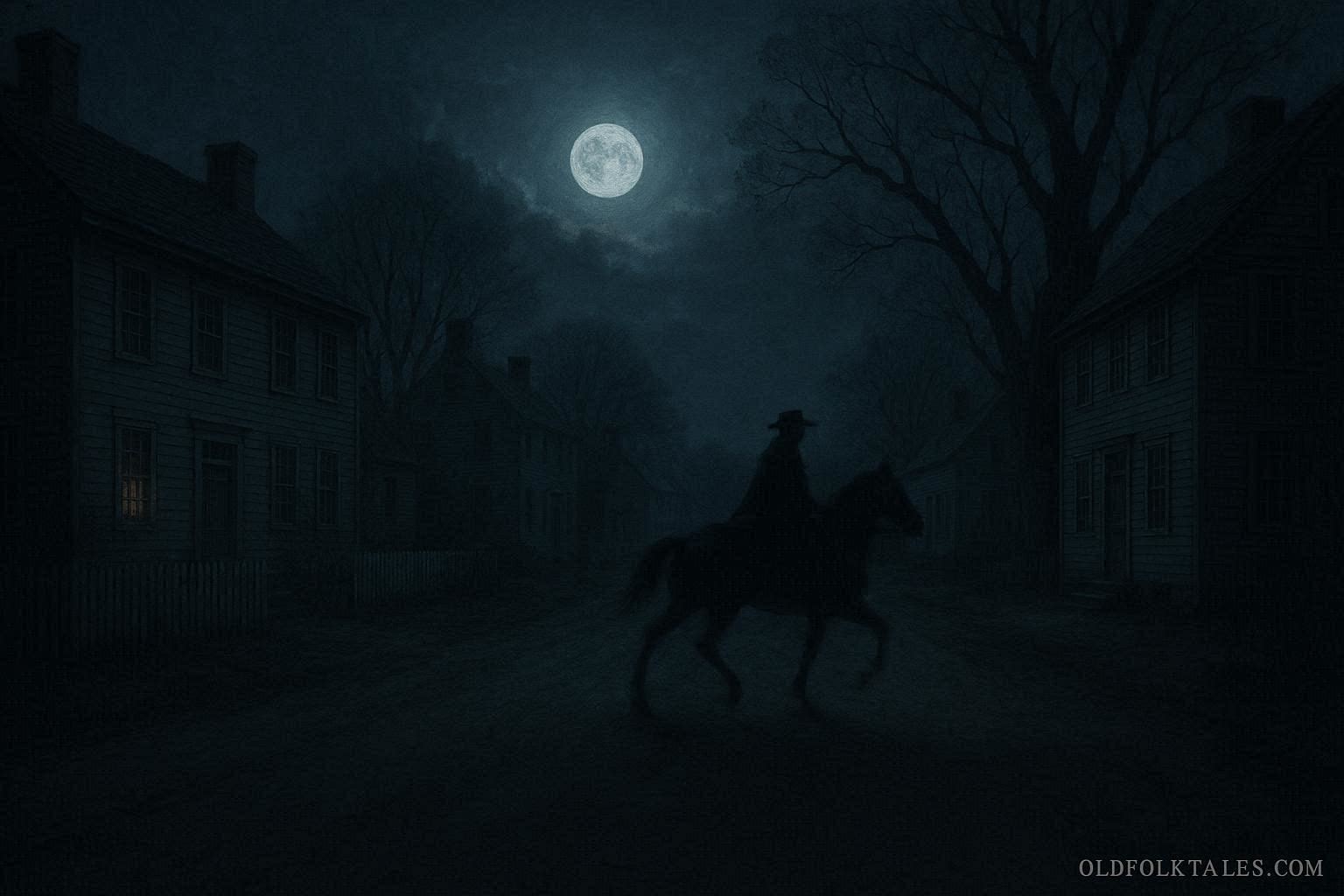 A faint rider on horseback moving along a dark colonial road