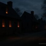 A quiet colonial village with faint shadows and eerie atmosphere