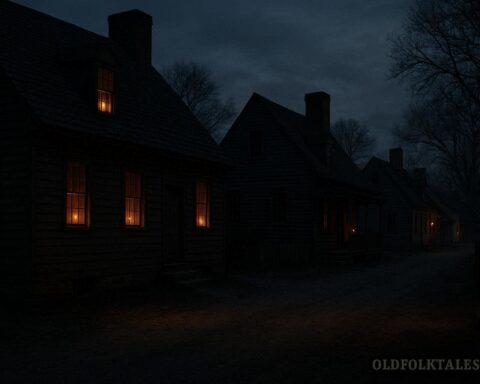A quiet colonial village with faint shadows and eerie atmosphere
