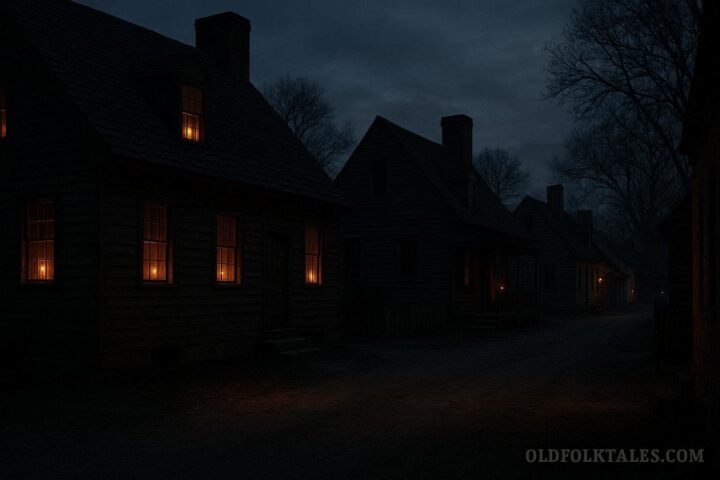 A quiet colonial village with faint shadows and eerie atmosphere