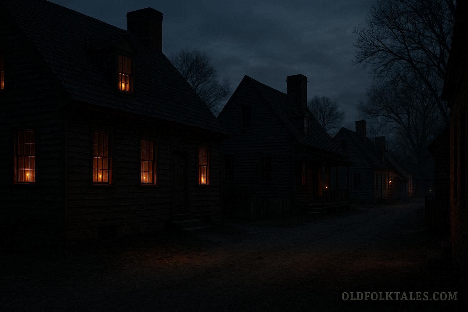 A quiet colonial village with faint shadows and eerie atmosphere