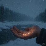 A person feeling warm snow falling during winter