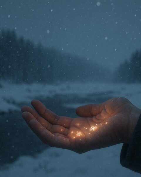 A person feeling warm snow falling during winter