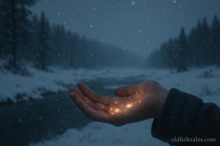 A person feeling warm snow falling during winter