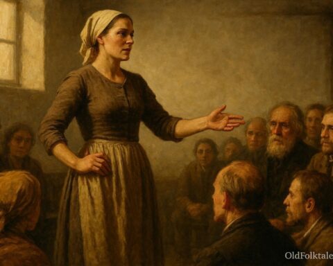 A woman speaking confidently to a group of people in a historical setting