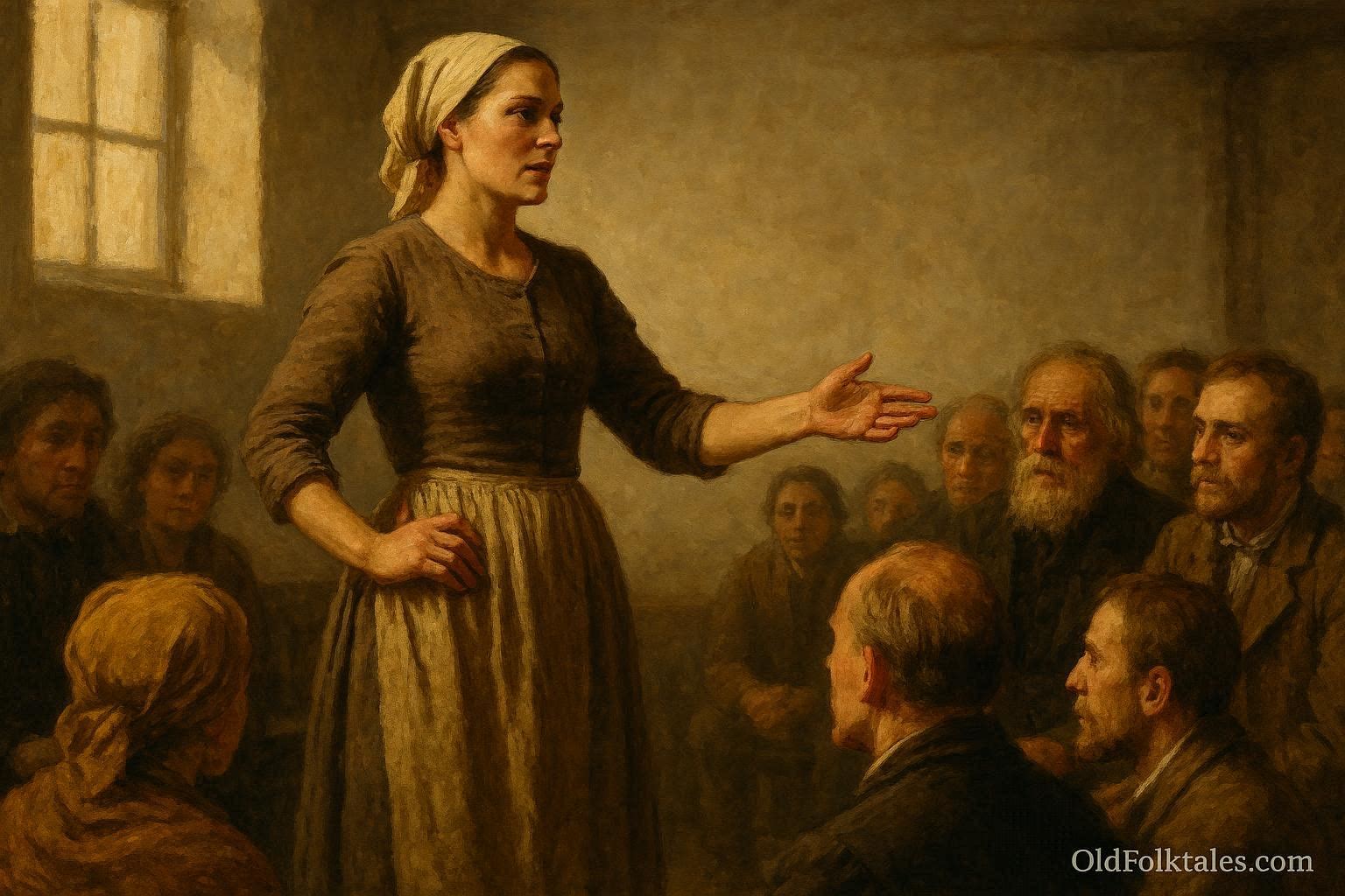 A woman speaking confidently to a group of people in a historical setting