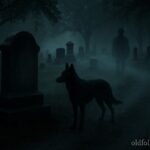 Shadowy dog spirit near a tombstone with faint human figure in mist at Highland Lawn Cemetery, representing the Stiffy Green ghost legend.