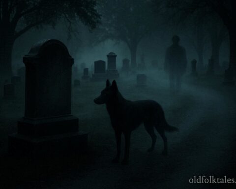 Shadowy dog spirit near a tombstone with faint human figure in mist at Highland Lawn Cemetery, representing the Stiffy Green ghost legend.