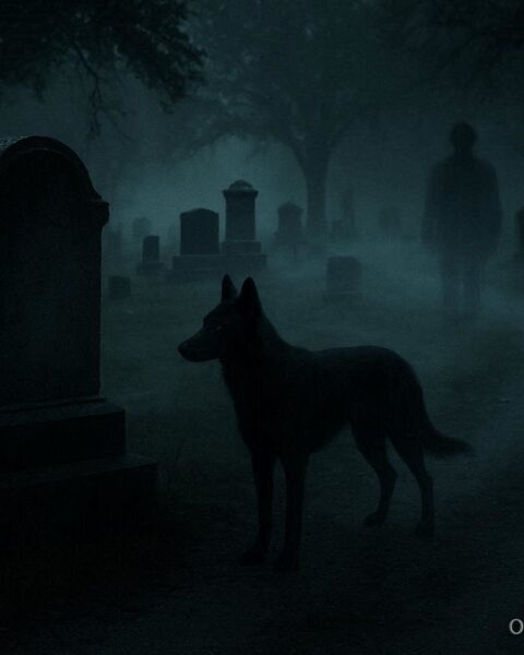 Shadowy dog spirit near a tombstone with faint human figure in mist at Highland Lawn Cemetery, representing the Stiffy Green ghost legend.