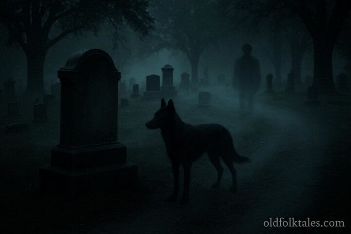 Shadowy dog spirit near a tombstone with faint human figure in mist at Highland Lawn Cemetery, representing the Stiffy Green ghost legend.