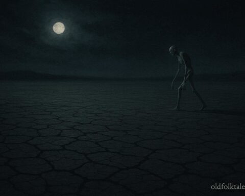 A skeletal figure walking across a dry lakebed at night