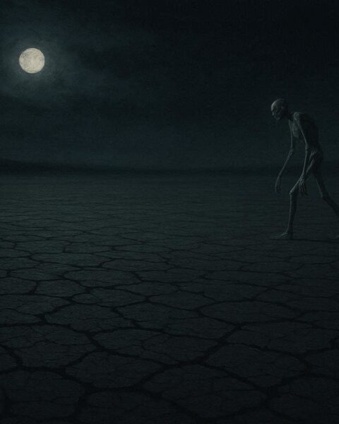 A skeletal figure walking across a dry lakebed at night