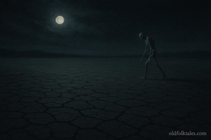 A skeletal figure walking across a dry lakebed at night