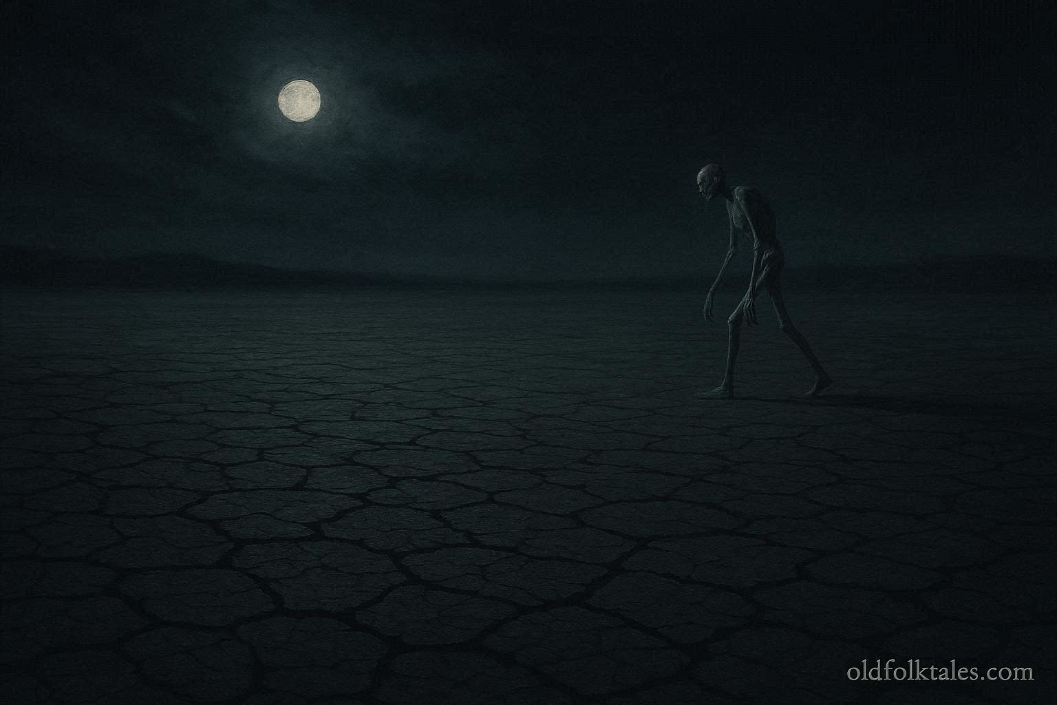 A skeletal figure walking across a dry lakebed at night