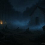 Civil War soldiers resting on a quiet battlefield at night with a mysterious glowing mist