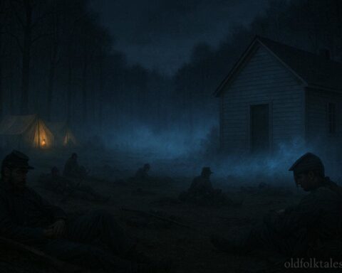 Civil War soldiers resting on a quiet battlefield at night with a mysterious glowing mist