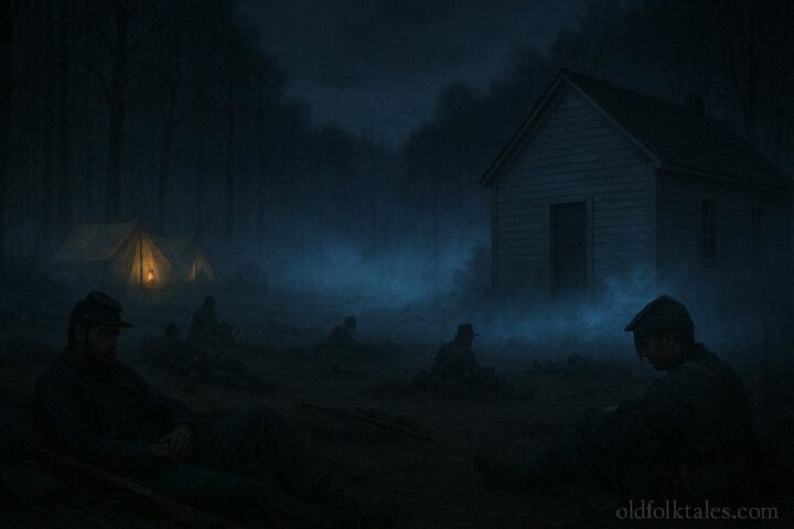 Civil War soldiers resting on a quiet battlefield at night with a mysterious glowing mist