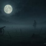 A quiet battlefield at night with a faint drummer silhouette in the distance