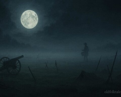 A quiet battlefield at night with a faint drummer silhouette in the distance
