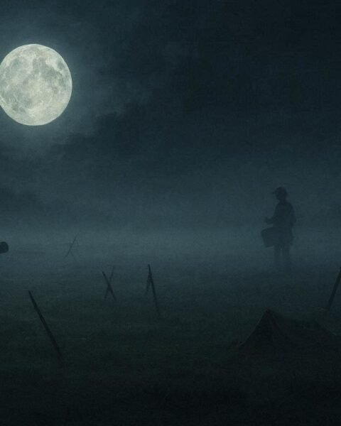 A quiet battlefield at night with a faint drummer silhouette in the distance