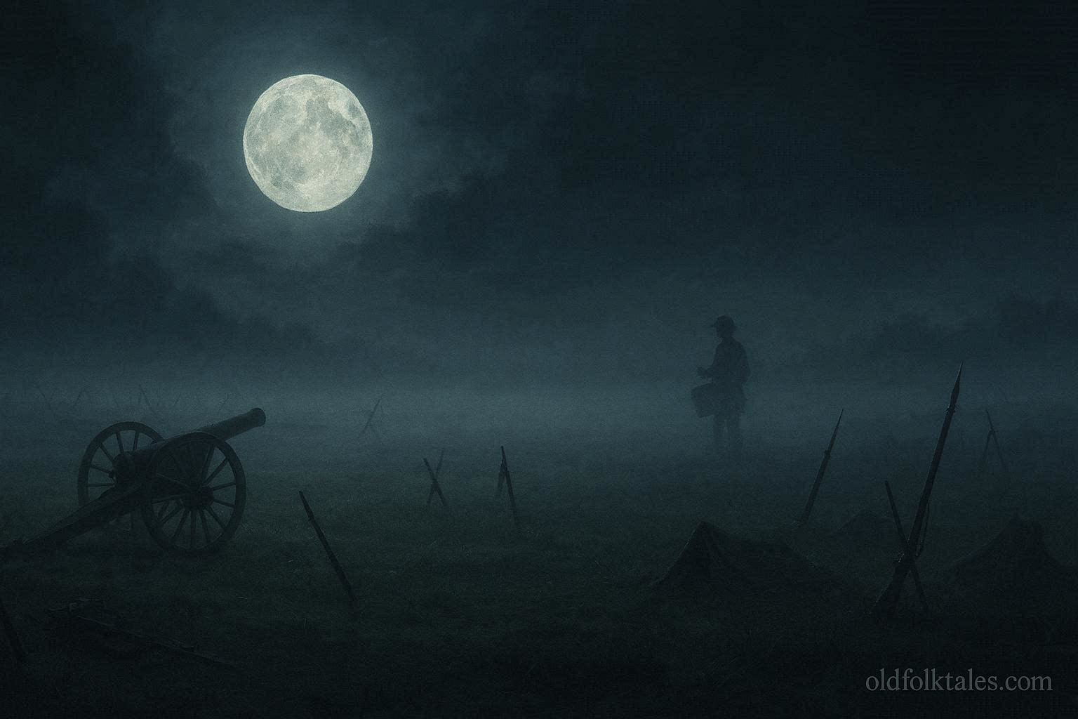 A quiet battlefield at night with a faint drummer silhouette in the distance
