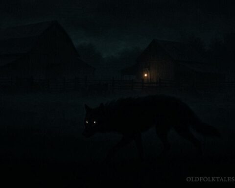 Shadowy wolf-like creature moving across a misty North Carolina field representing the Beast of Bladenboro legend