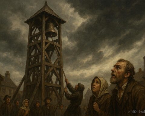 A bell tower with a keeper ringing a bell while townspeople look up