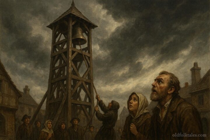 A bell tower with a keeper ringing a bell while townspeople look up