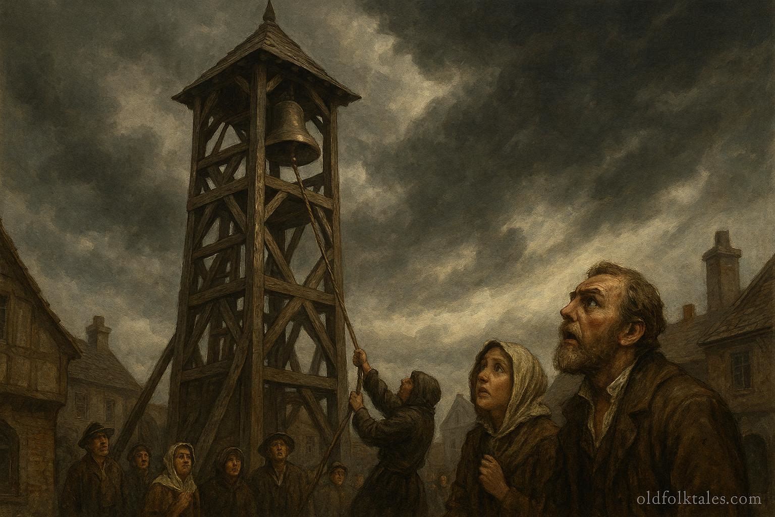 A bell tower with a keeper ringing a bell while townspeople look up