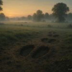 Large three-toed footprints appearing in a quiet field at dawn