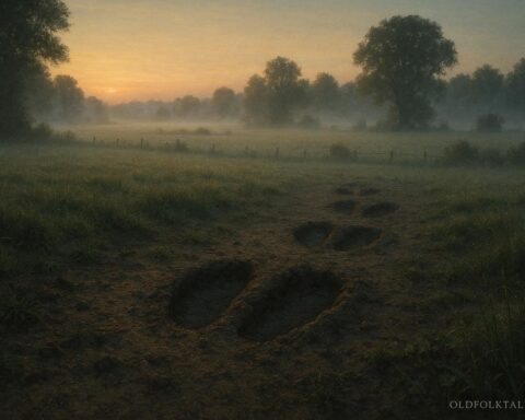 Large three-toed footprints appearing in a quiet field at dawn