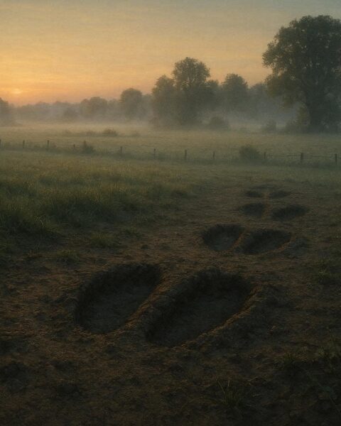 Large three-toed footprints appearing in a quiet field at dawn