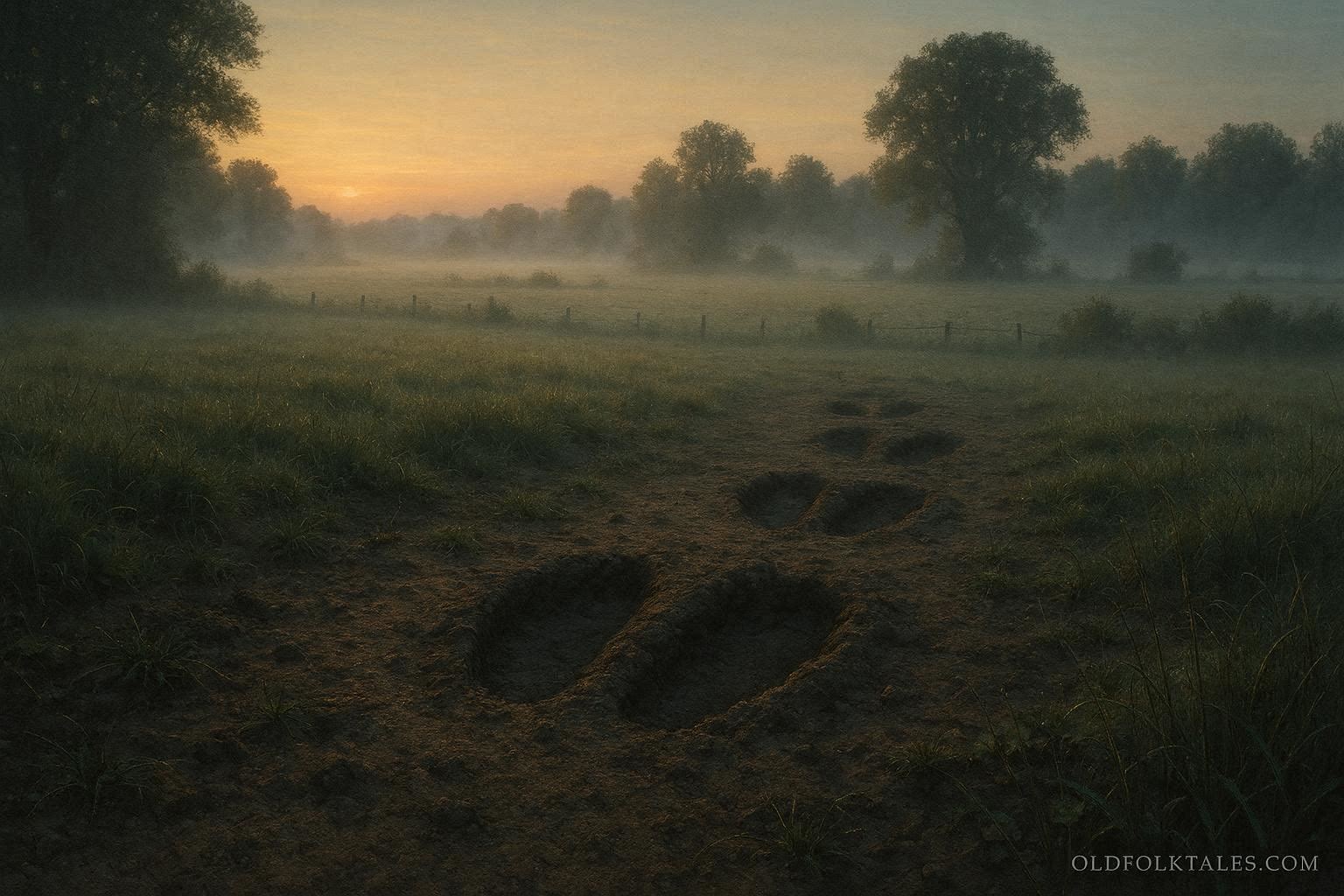 Large three-toed footprints appearing in a quiet field at dawn