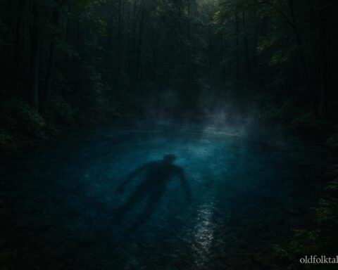 Shadowy humanoid figure moving beneath the surface of the Blue Hole spring in Ohio representing the Blue Hole Monster legend