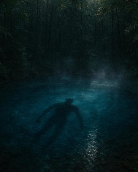 Shadowy humanoid figure moving beneath the surface of the Blue Hole spring in Ohio representing the Blue Hole Monster legend
